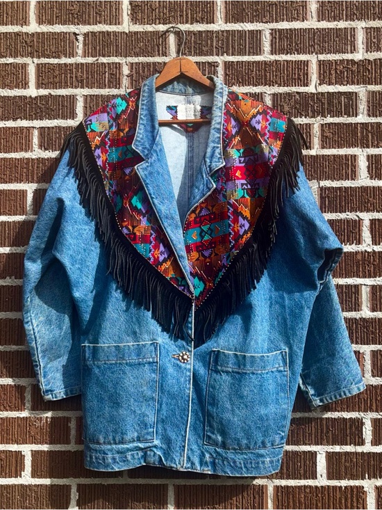 American Vintage Jackets & Blazers - Vintage Denim Jacket with Colorful Aztec Pattern and Black Fringe